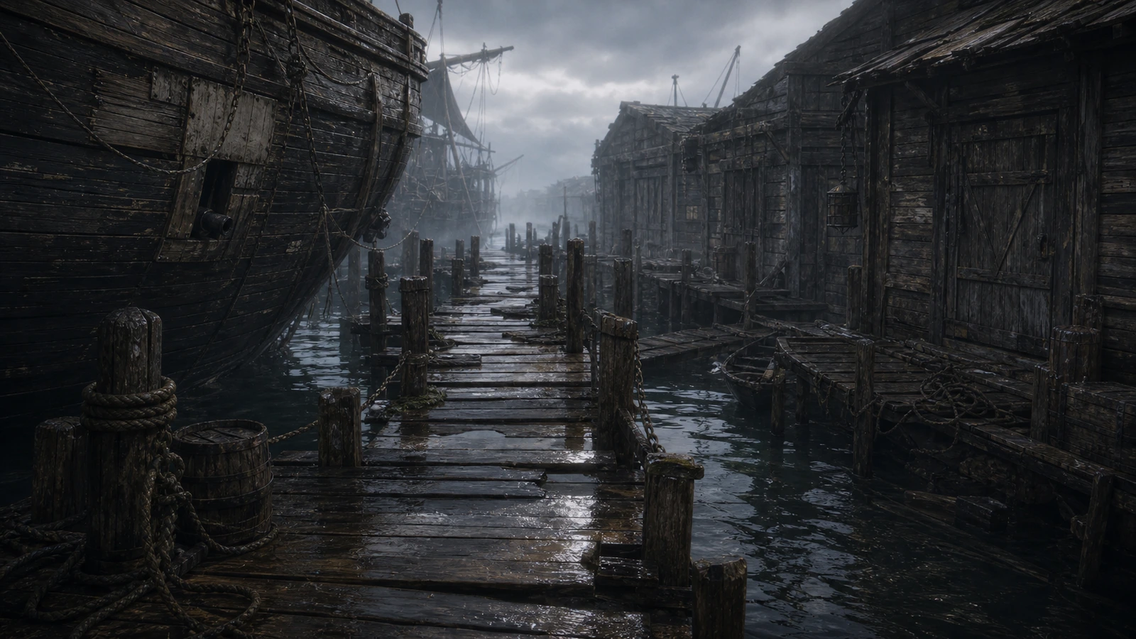Des pontons sombres et abandonnés longent des coques de contrebandiers