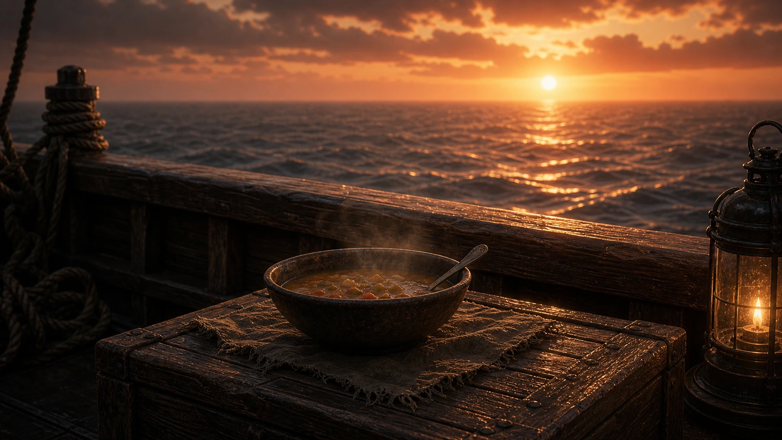 Un bol de soupe chaude posé près du bastingage face au coucher de soleil